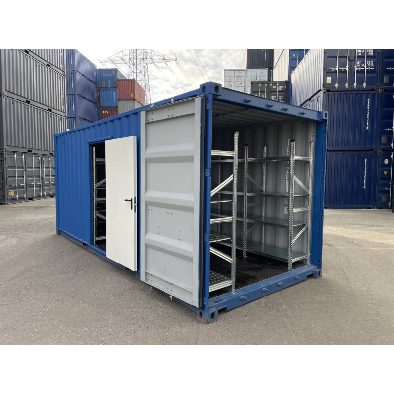 Conteneur de stockage de 20 pieds avec étagères, lumière, porte latérale